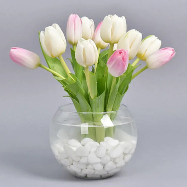 Pink and White Tulips in Fish Bowl